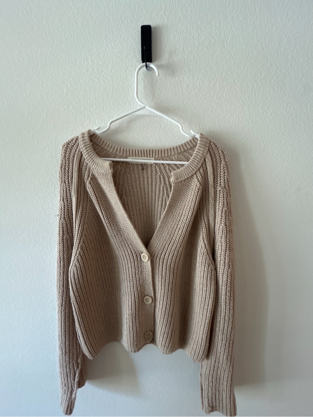 Ribbed Button-Front Cardigan Sweater in Light Beige